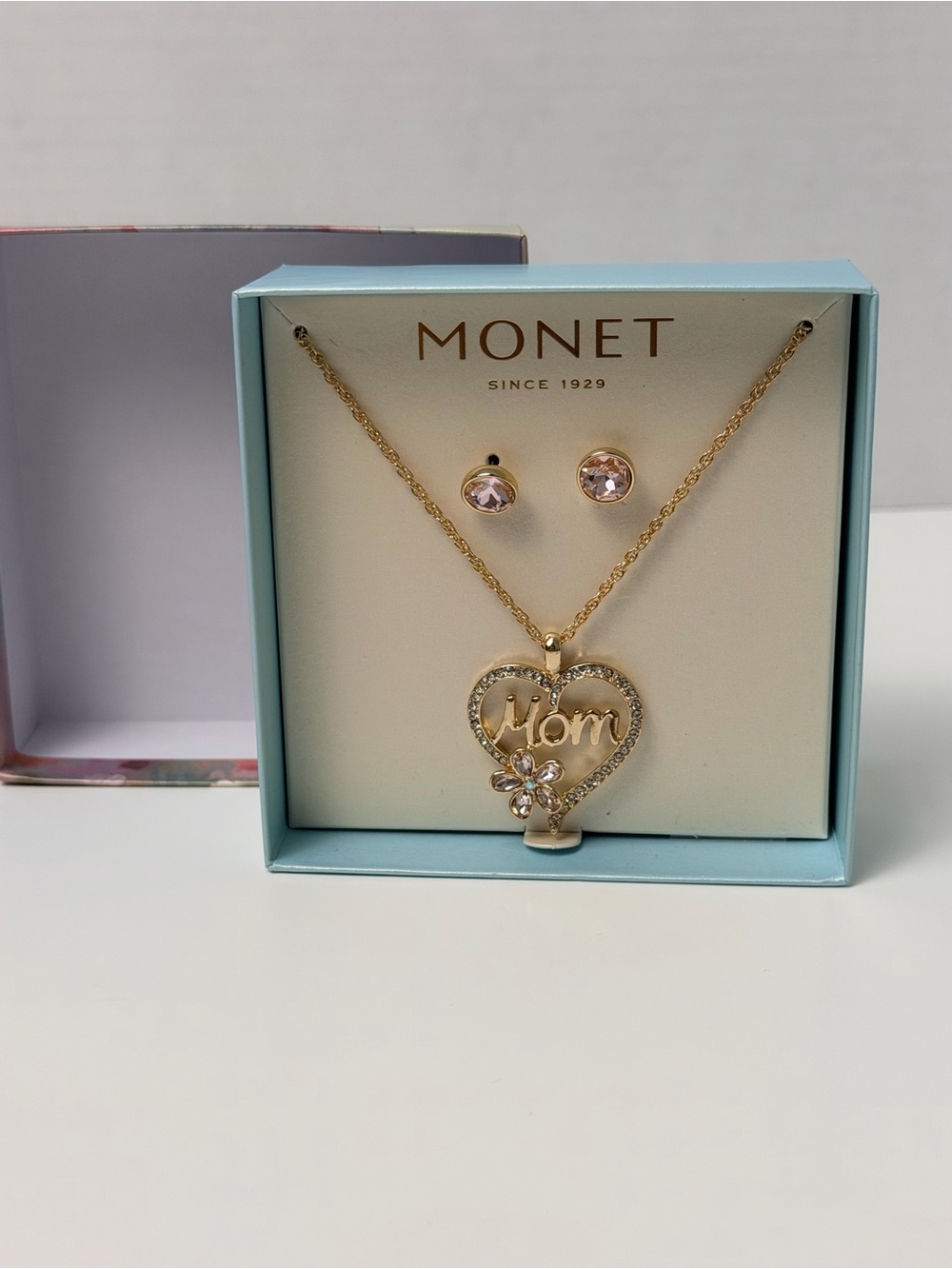 Monet Gold-Tone Heart 'Mom' Necklace with Pink Crystal Studs